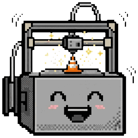 A happy pixel-art printer that has just printed a tiny orange traffic cone.