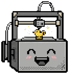 A happy pixel-art 3D printer that has just printed a tiny yellow rubber duck.