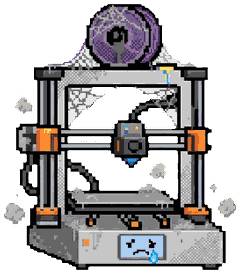 A pixel-art 3D printer with an empty filament spool, cobwebs on its frame and a sad face on its little screen.