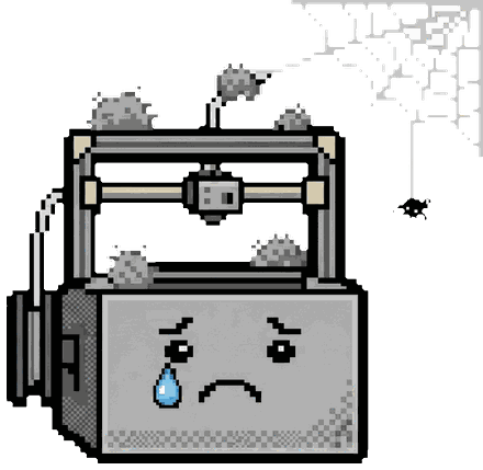 A sad grey pixel-art 3D printer covered in dust bunnies, with a cobweb overhead and one tear rolling down its face.