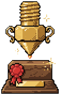 A gold pixel-art trophy shaped like a 3D printer nozzle, on a wooden base with a red ribbon.
