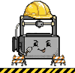 A pixel-art printer in a yellow hard hat, holding a trowel and grinning.